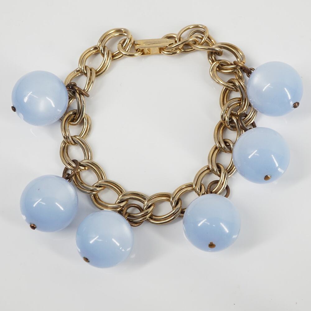 Vintage Blue Moonglow Dangling Beaded Charm Link Bracelet Chain 6.25 Pastel